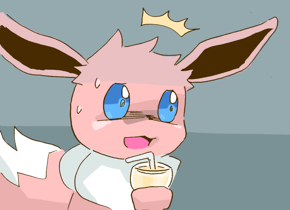2019 ambiguous_gender blue_eyes bodily_fluids brown_body brown_fur drinking_straw eevee front_view fur generation_1_pokemon get_it_go grey_background holding_glass holding_object looking_aside nintendo open_mouth pokemon pokemon_(species) scared simple_background solo sweat