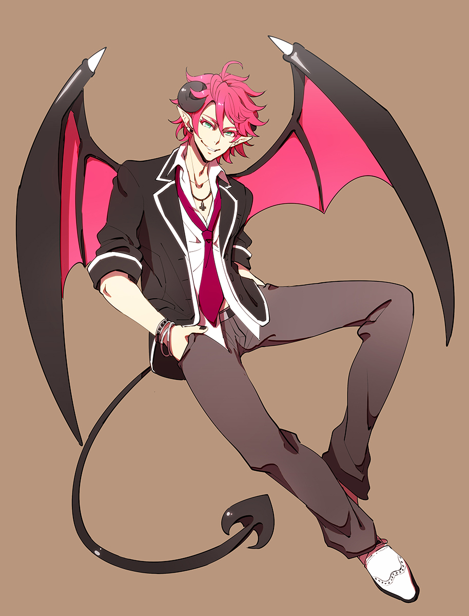 1boy bishounen black_horns black_jacket black_nails bracelet brown_background brown_pants collared_jacket collared_shirt colored_eyelashes commentary_request cross cross_necklace curled_horns demon_boy demon_horns demon_tail demon_wings full_body gensoudanshi green_eyes grin hands_in_pockets highres horns inverted_cross jacket jewelry loose_necktie male_focus necklace necktie open_clothes open_jacket original pants pink_hair pink_wings pointy_ears school_uniform shirt short_hair simple_background smile solo tail white_footwear white_shirt wings