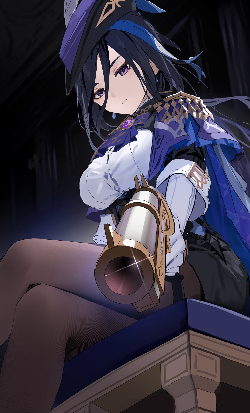 1girl ascot black_dress blue_capelet blue_hat breasts brown_pantyhose capelet clorinde_(genshin_impact) corset crossed_legs dress earrings elbow_gloves epaulettes genshin_impact gloves gun hair_ribbon hat highres jewelry large_breasts long_hair long_sleeves looking_at_viewer low_ponytail motto_(night_wear) pantyhose parted_bangs purple_eyes purple_hair ribbon sitting solo thigh_strap thighs tricorne vision_(genshin_impact) weapon white_gloves