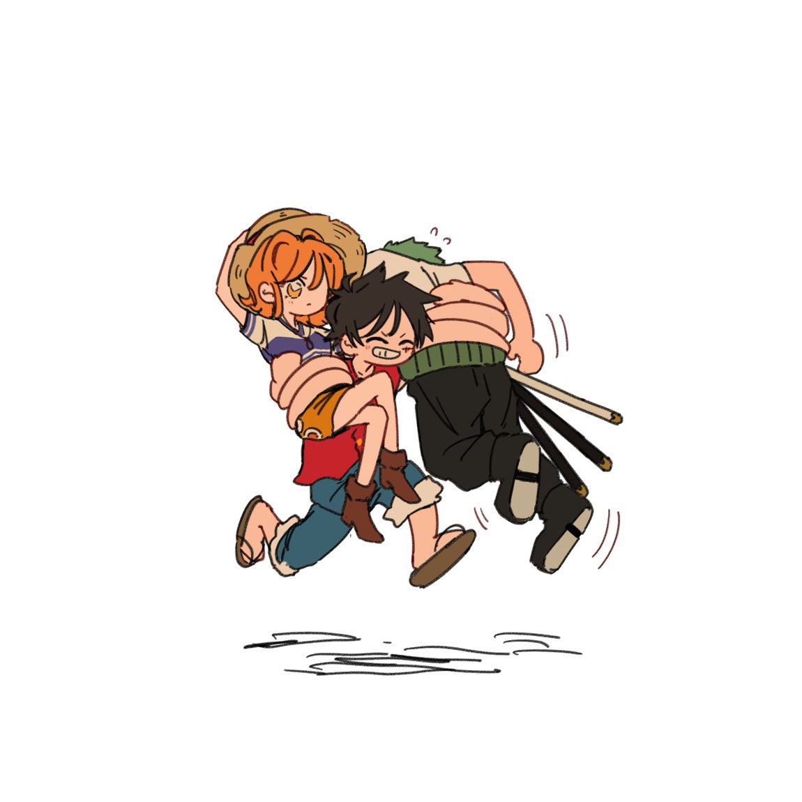 1girl 2boys carrying carrying_multiple_people carrying_person feet_out_of_frame flying_sweatdrops green_hair haramaki hat monkey_d._luffy multiple_boys nami_(one_piece) one_piece orange_hair roronoa_zoro running scar scar_on_cheek scar_on_face short_hair sideburns simple_background simplebeam smile straw_hat sword triple_wielding weapon white_background