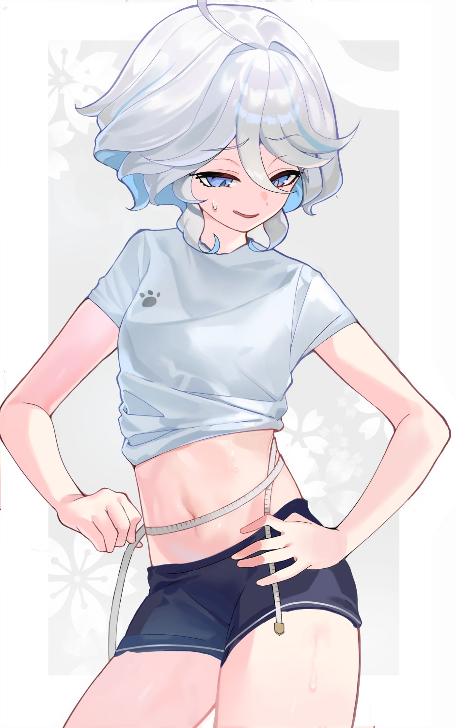 1girl :d ahoge blue_eyes blue_shorts commentary_request cowboy_shot furina_(genshin_impact) genshin_impact grey_shirt hair_intakes hand_on_own_hip highres measuring midriff navel popo_(mochimai275642) shirt short_hair short_shorts short_sleeves shorts smile solo standing stomach tape_measure thighs waist_measuring white_hair