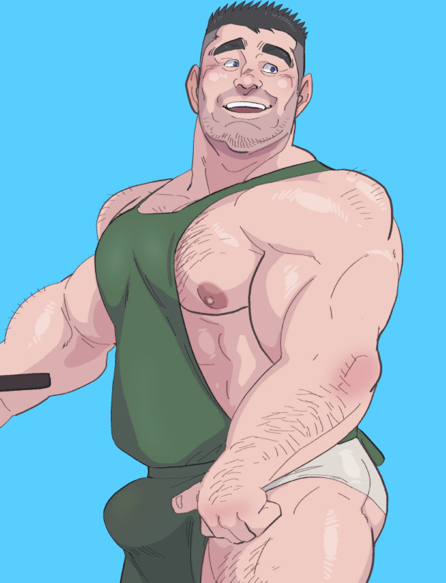 1boy adam's_apple apron bara bare_pectorals beard_stubble briefs bulge eyebrow_stubble facial_hair frying_pan furrowed_brow green_apron hairy hand_hair holding holding_frying_pan huge_eyebrows large_bulge large_pectorals looking_to_the_side male_focus male_underwear mature_male muscular muscular_male mustache_stubble nearly_naked_apron nipples original paid_reward_available pectorals short_hair sidepec smile solo sparse_arm_hair sparse_chest_hair sparse_leg_hair spiked_hair standing stubble undercut underwear white_male_underwear zettoken