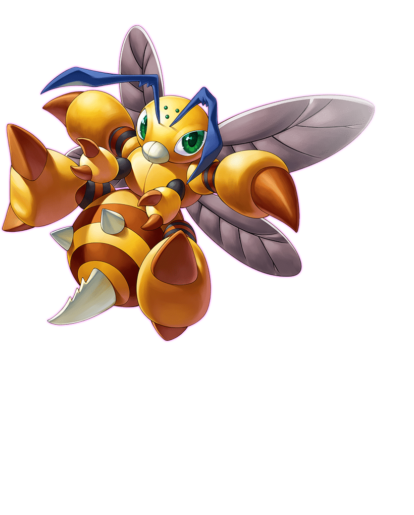 antennae bee bug digimon digimon_(creature) digimon_card_game digimon_liberator extra_arms funbeemon green_eyes insect_wings looking_at_viewer no_humans official_art simple_background skirt transparent_background wings yellow_skirt