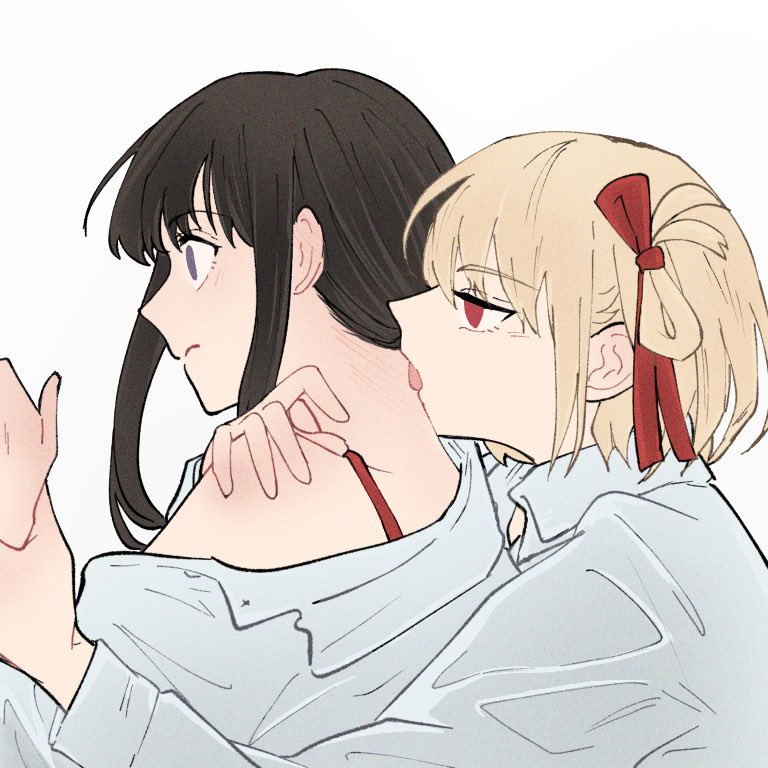 2girls black_hair blonde_hair bra bra_strap closed_mouth collared_shirt commentary hair_ribbon hand_on_another's_shoulder holding_another's_wrist inoue_takina licking licking_another's_neck long_hair long_sleeves lycoris_recoil medium_hair multiple_girls nishikigi_chisato off_shoulder open_clothes open_shirt purple_eyes red_bra red_eyes red_ribbon ribbon shiratama_draw shirt tongue tongue_out underwear upper_body white_shirt yuri