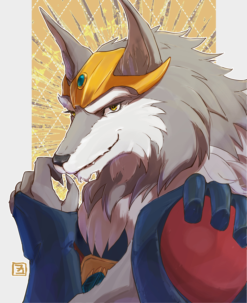 1boy animal_ears artist_logo beast_warriors_gulkeeva claws commentary_request fangs fangs_out furry furry_male golden_eyes greyfus highres looking_at_viewer male_focus okamoto_setsura smile star_(symbol) upper_body wolf_boy wolf_ears