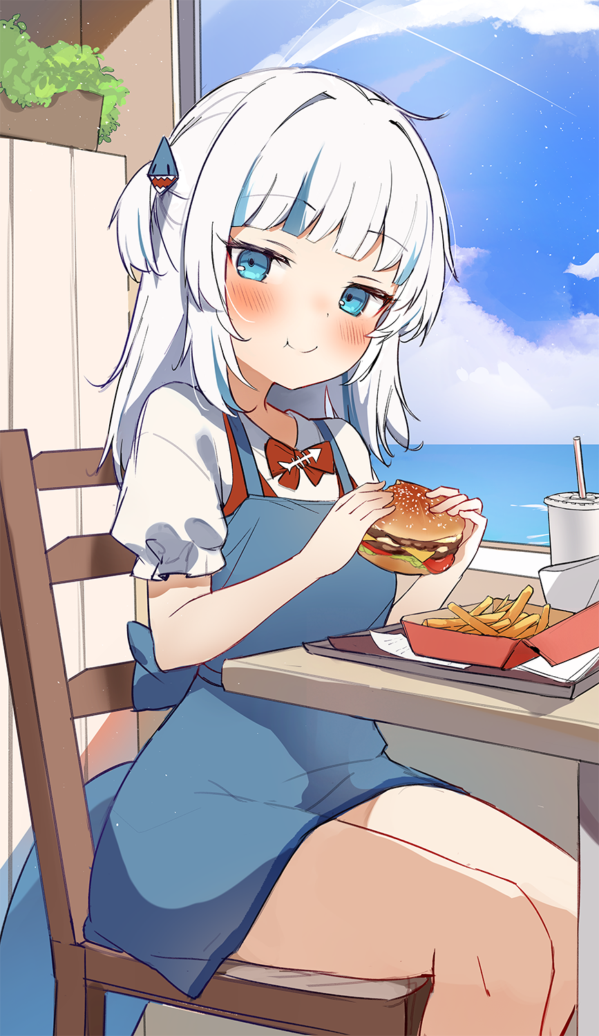 1girl alternate_costume blue_dress blue_hair blue_sky blush burger cloud collared_shirt dress fins fish_tail food french_fries gawr_gura grey_hair hair_ornament highres holding holding_burger holding_food hololive hololive_english medium_hair multicolored_hair orobou shark_girl shark_hair_ornament shark_tail shirt sky smile solo streaked_hair tail two_side_up virtual_youtuber white_shirt