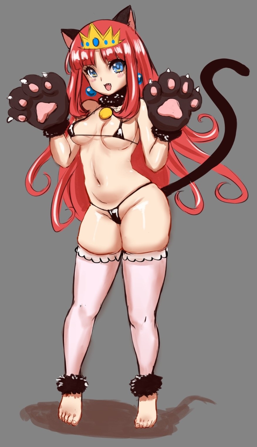 1girl animal_ears animal_hands ankle_garter awesomeerix bad_id bad_twitter_id bikini black_bikini black_collar blue_eyes cat_ears cat_paws cat_tail claws collar crown earrings fang full_body gloves grey_background highres jewelry kemonomimi_mode long_hair micro_bikini navel open_mouth paw_gloves pink_thighhighs princess_shokora red_hair simple_background skindentation string_bikini swimsuit tail thighhighs wario_land wario_land_4