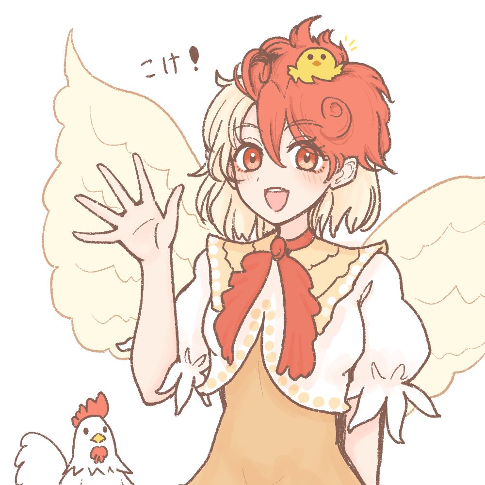 1girl bird bird_wings blonde_hair chick chicken commentary_request dress feathered_wings looking_at_viewer neckerchief niwatari_kutaka orange_dress puffy_short_sleeves puffy_sleeves red_eyes red_hair red_neckerchief shirt shokabatsuki short_hair short_sleeves simple_background solo touhou translation_request upper_body waving white_background white_shirt wings yellow_wings