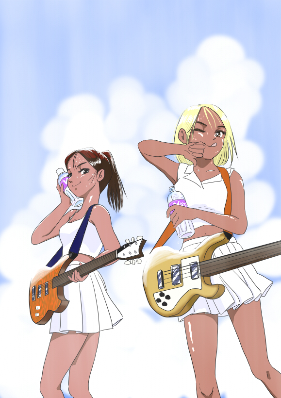 2girls bare_legs bass_guitar black_eyes blonde_hair blue_sky bottle breasts brown_hair camisole cloud cloudy_sky collarbone collared_shirt commentary_request dark-skinned_female dark_skin from_below guitar instrument iwa_(iwa-0522) looking_at_viewer midriff miniskirt multiple_girls navel one_eye_closed original outdoors pleated_skirt ponytail shiny_skin shirt skirt sky sleeveless small_breasts smile summer sweat tan tongue tongue_out water_bottle white_shirt white_skirt wiping_face wiping_sweat