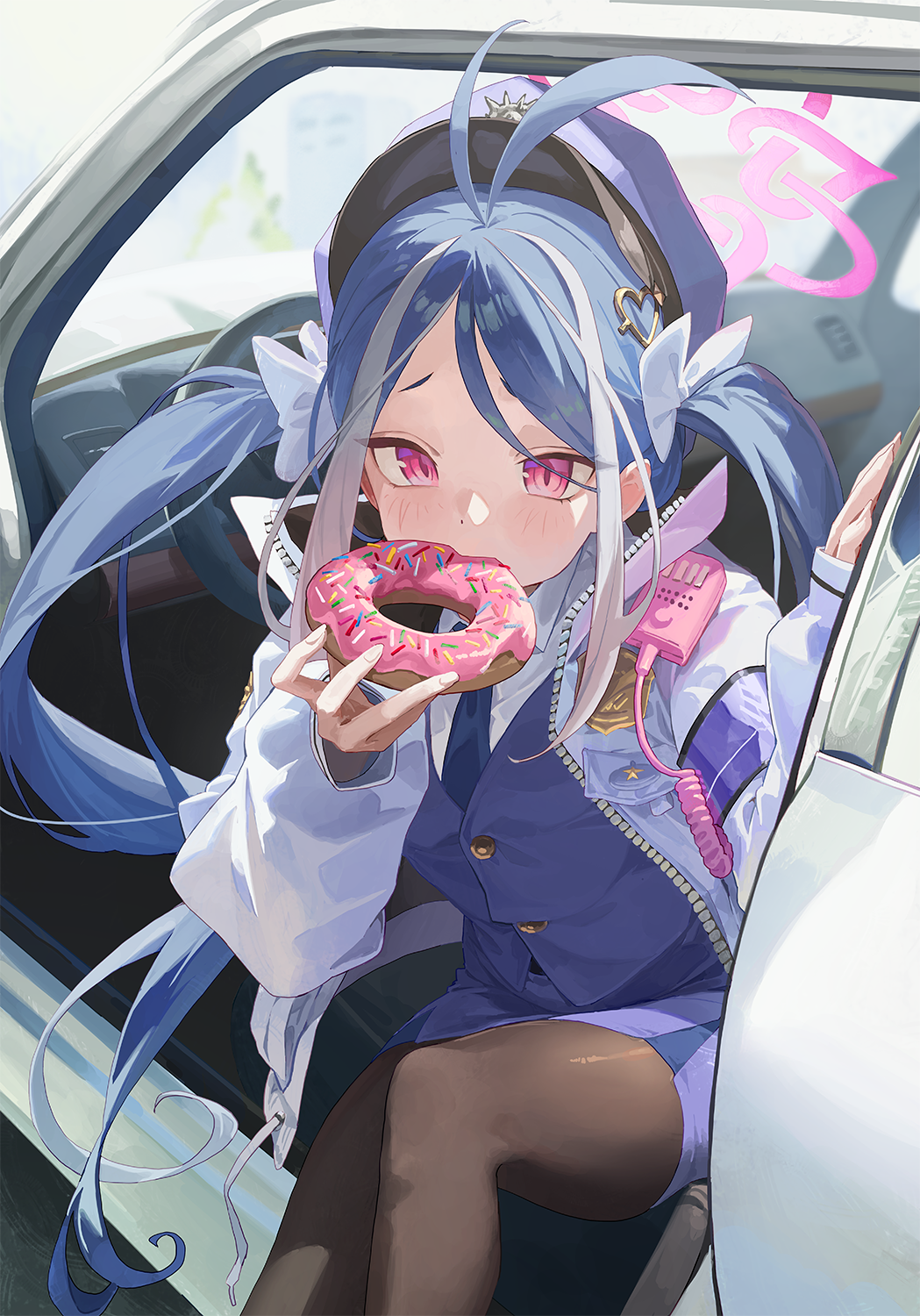 1girl antenna_hair armband blue_archive blue_armband blue_hair blue_hat blue_necktie blue_skirt car car_interior commentary_request doughnut eating feet_out_of_frame food fubuki_(blue_archive) halo hat highres holding_doughnut long_hair long_sleeves looking_at_viewer m.q_(mqkyrie) motor_vehicle multicolored_hair necktie parted_bangs pink_eyes pink_halo police police_badge police_hat police_uniform policewoman sitting skirt solo streaked_hair twintails uniform very_long_hair walkie-talkie white_hair