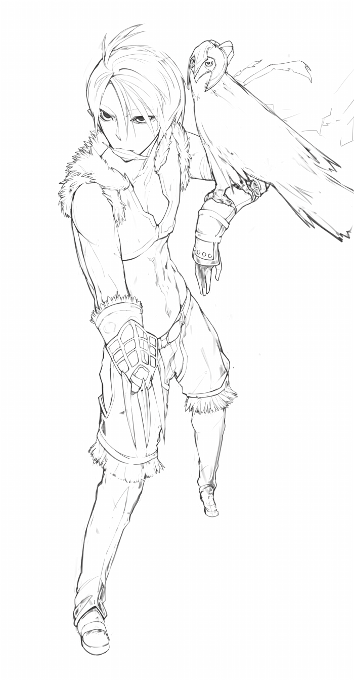 1boy bags_under_eyes bird claw_(weapon) commentary_request crop_top falcon full_body fur-trimmed_gloves fur-trimmed_shirt fur-trimmed_shorts fur_trim gloves greyscale hair_between_eyes highres leaf_in_mouth long_bangs looking_afar male_focus midriff monochrome navel pants_under_shorts pointy_ears ragnarok_online shirt shoes short_hair shorts simple_background sleeveless sleeveless_shirt sniper_(ragnarok_online) solo standing toned toned_male tugmix weapon white_background