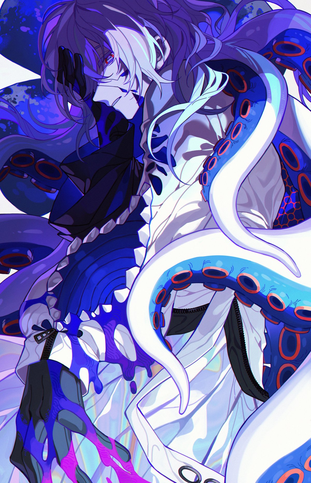 1boy black_gloves blood blood_on_hands cracked_skin gloves hand_on_own_face highres hoshirube_sho jacket kesu0816 long_hair long_sleeves male_focus nijisanji parted_lips pink_blood purple_blood purple_eyes purple_hair solo tentacle_hair tentacles virtual_youtuber white_jacket zipper zipper_pull_tab