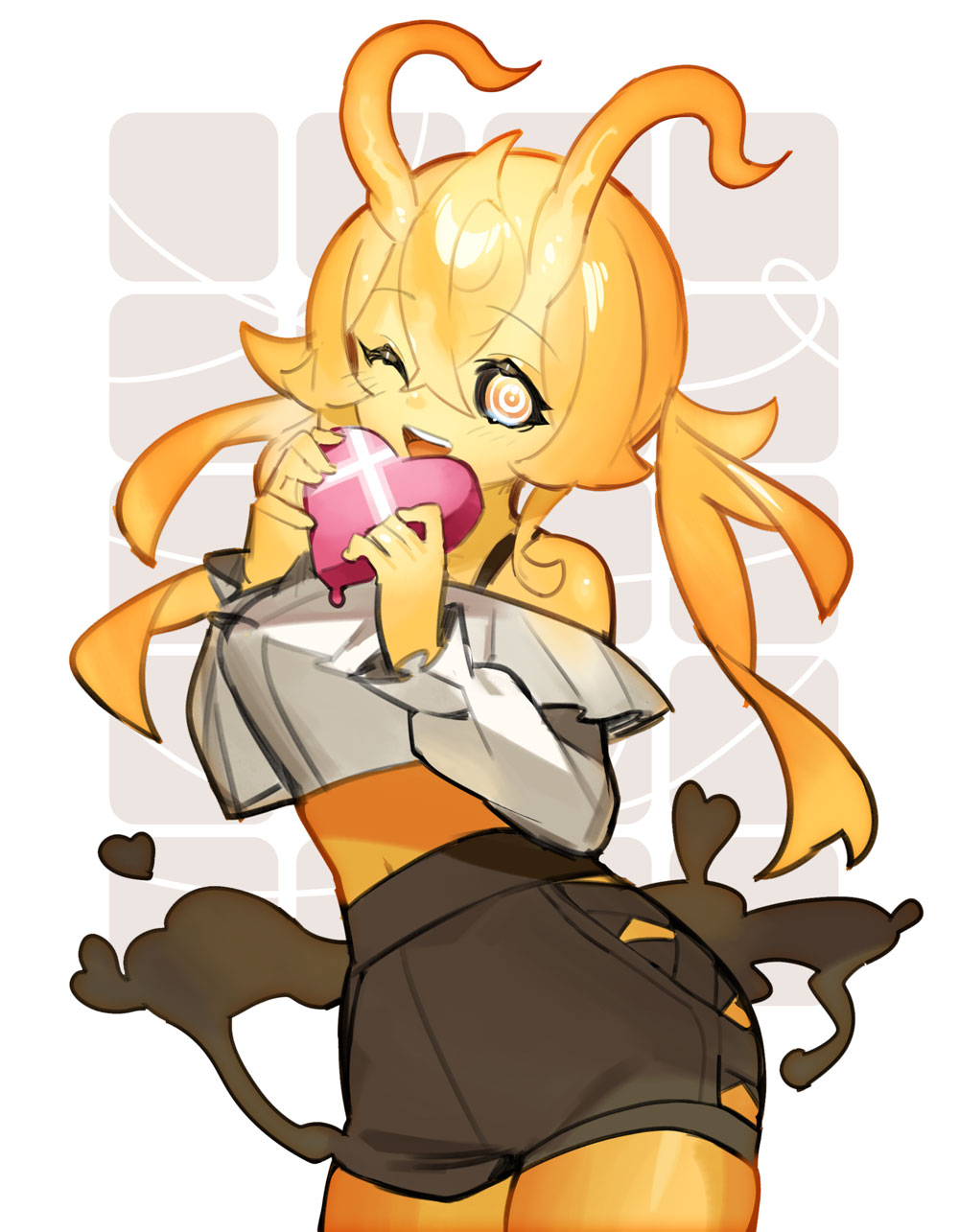 1girl baniran_dorosu black_sclera black_shorts blonde_hair candy chocolate colored_sclera colored_skin cowboy_shot crop_top crossed_bangs food heart heart-shaped_chocolate highres holding holding_chocolate holding_food horns long_hair midriff monster_girl off-shoulder_shirt off_shoulder one_eye_closed open_mouth orange_skin original personification ringed_eyes shirt shorts solo sunny_(baniran_dorosu) teeth twintails upper_teeth_only white_shirt yellow_eyes