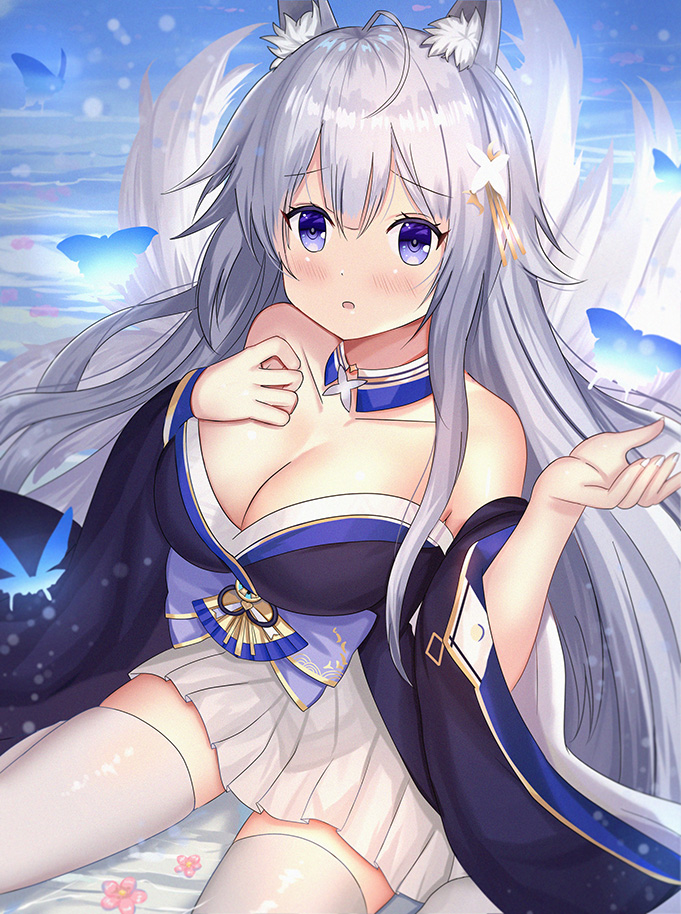 1girl ahoge ame_sagari animal_ear_fluff animal_ears arm_belt azur_lane bare_shoulders beckoning belt belt_buckle black_belt black_kimono black_sleeves blue_butterfly blue_collar blue_eyes blue_sky breasts buckle bug butterfly cleavage collar commentary day detached_collar eyelashes feet_out_of_frame fingernails flower fox_ears fox_tail furrowed_brow grey_hair hair_ornament hakama hakama_short_skirt hakama_skirt hand_on_own_chest japanese_clothes kimono kneeling large_breasts light_blush light_particles long_hair long_sleeves multiple_tails open_mouth outdoors outstretched_hand pink_flower shinano_(azur_lane) short_kimono single_sidelock skirt sky solo tail thighhighs very_long_hair white_hakama white_nails white_thighhighs wide_sleeves