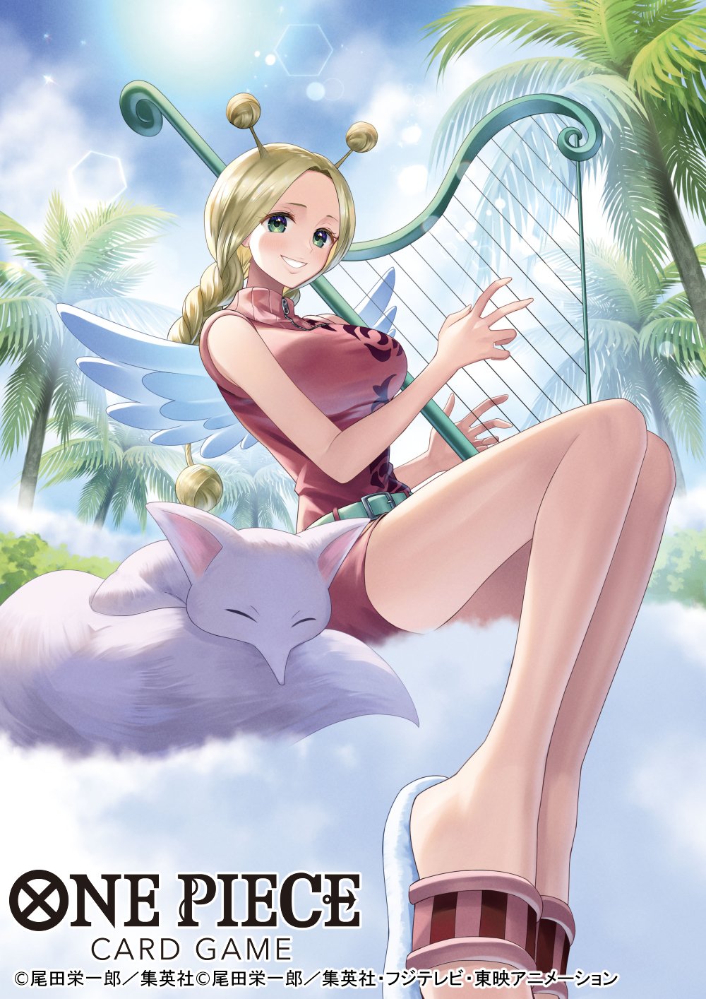 1girl animal antenna_hair belt braid braided_ponytail commentary_request conis_(one_piece) copyright_name dress fox from_below green_eyes harp highres holding holding_harp holding_instrument instrument koushi_rokushiro looking_at_viewer official_art one_piece palm_tree pink_dress sandals short_dress sitting sky smile su_(one_piece) sunset tree turtleneck turtleneck_dress white_wings wings