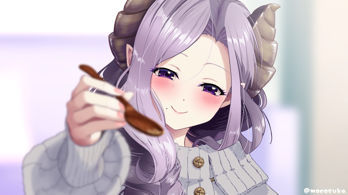 1girl blurry blurry_background blush brown_horns demon_girl demon_horns feeding half-closed_eyes holding holding_spoon horns incoming_food long_hair long_sleeves looking_at_viewer mocosuka mole mole_under_mouth nanashi_inc. pointy_ears pov purple_eyes purple_hair saionji_mary smile solo spoon twitter_username upper_body