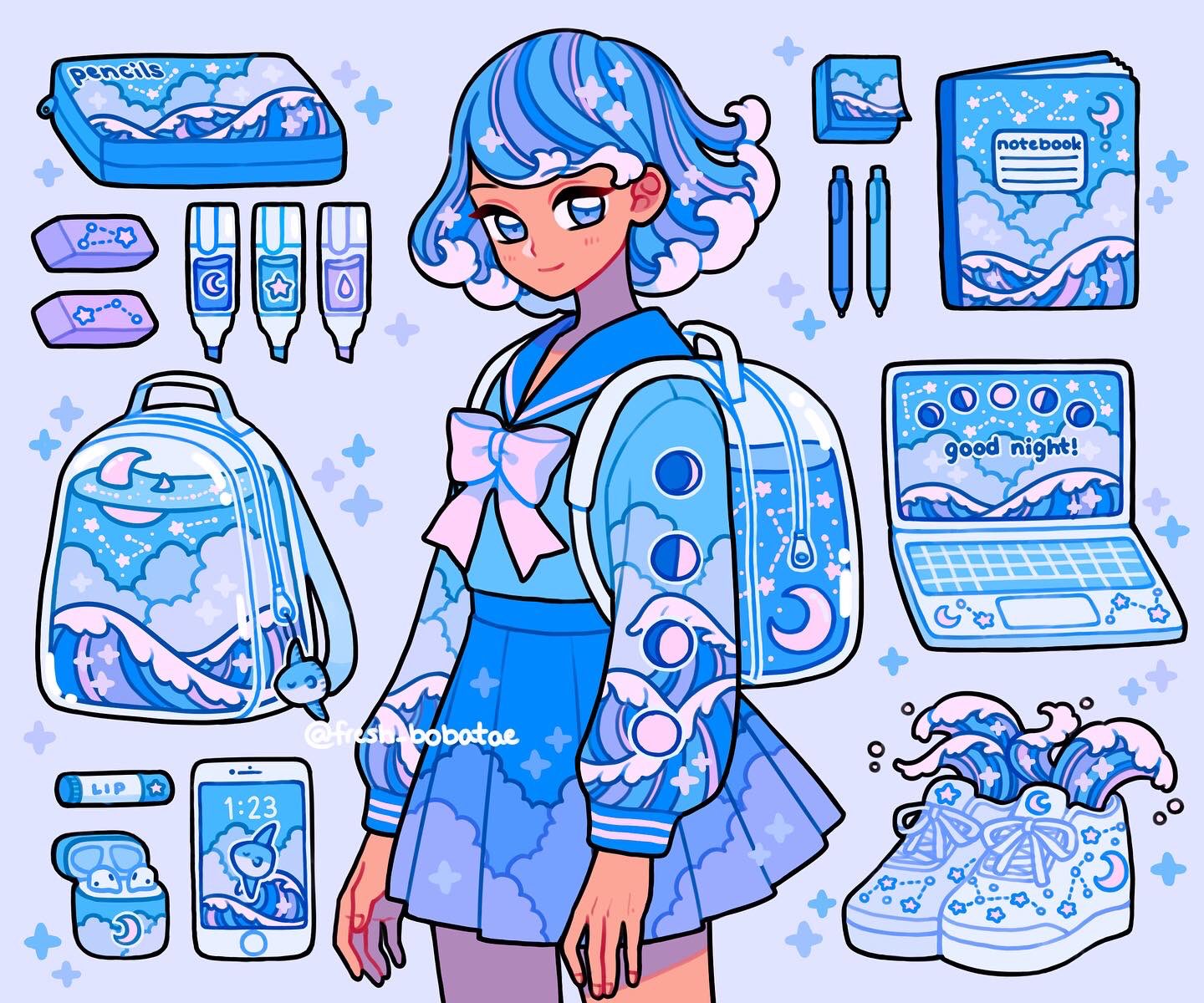 1girl backpack bag bag_charm blue_background blue_eyes blue_hair blue_sailor_collar blue_theme cellphone charm_(object) cloud_print computer constellation constellation_print cowboy_shot earbuds earbuds_charging_case earphones emily_kim eraser highres laptop lip_balm liquid liquid_hair long_sleeves marker monochrome moon_phases notebook original pastel_colors pen pencil_case phone pleated_skirt sailor_collar shirt shoes short_hair simple_background skirt sky_print smartphone sneakers sparkle sticky_note twitter_username water wave_print waves