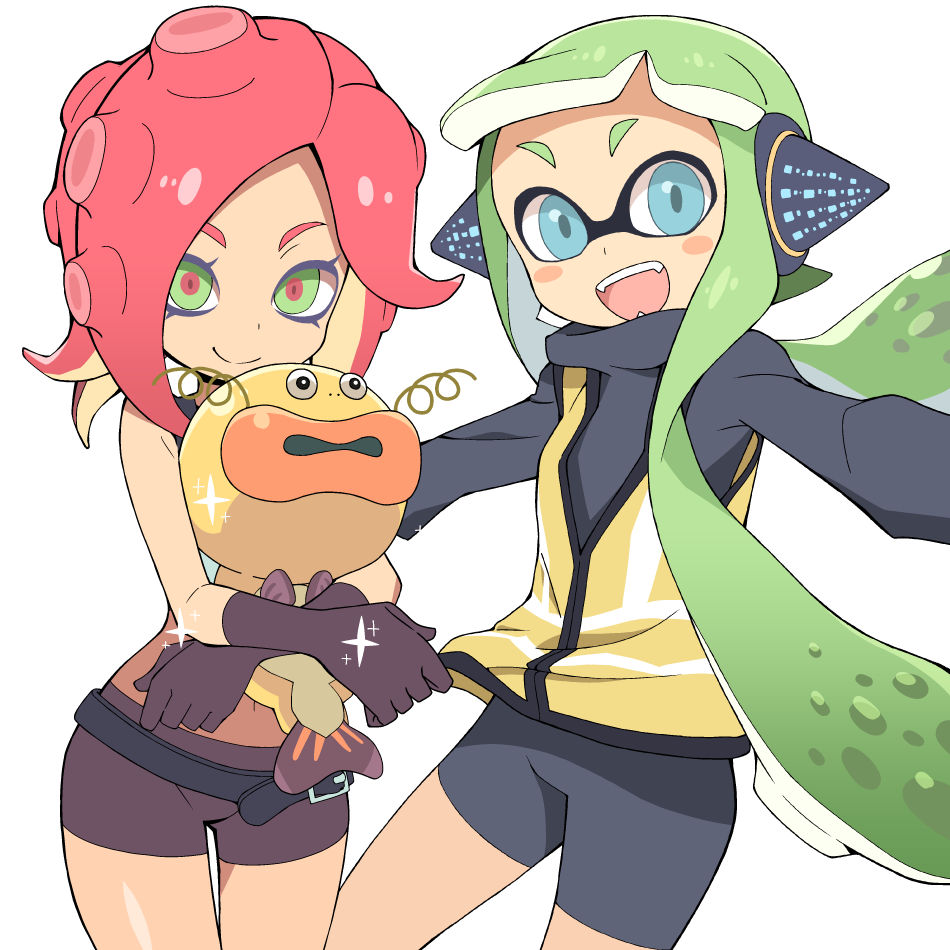 2girls :d agent_3_(splatoon) amatta_page animal belt black_belt black_shirt blue_eyes blush_stickers brown_gloves brown_shorts closed_mouth commentary_request cowboy_shot fangs fish gloves green_eyes green_hair headphones high-visibility_vest holding holding_animal holding_fish inkling_girl inkling_player_character long_hair long_sleeves looking_at_viewer midriff multiple_girls navel open_mouth outstretched_arms red_hair red_pupils shirt shorts simple_background smile sparkle splatoon_(series) suction_cups takozonesu tentacle_hair thigh_gap twintails very_long_hair white_background zapfish