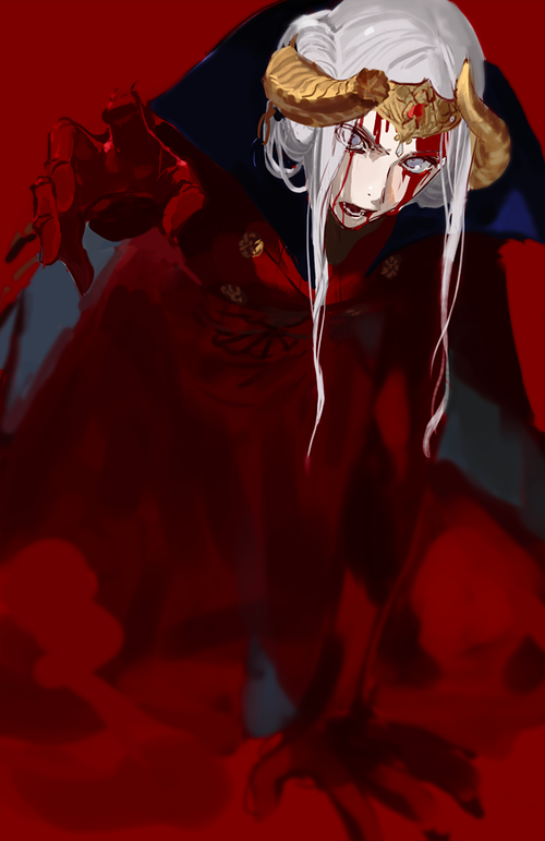 blood crown edelgard_von_hresvelg fire_emblem fire_emblem:_three_houses hair_bun long_hair open_mouth purple_eyes red_background rr_(suisse200) white_hair