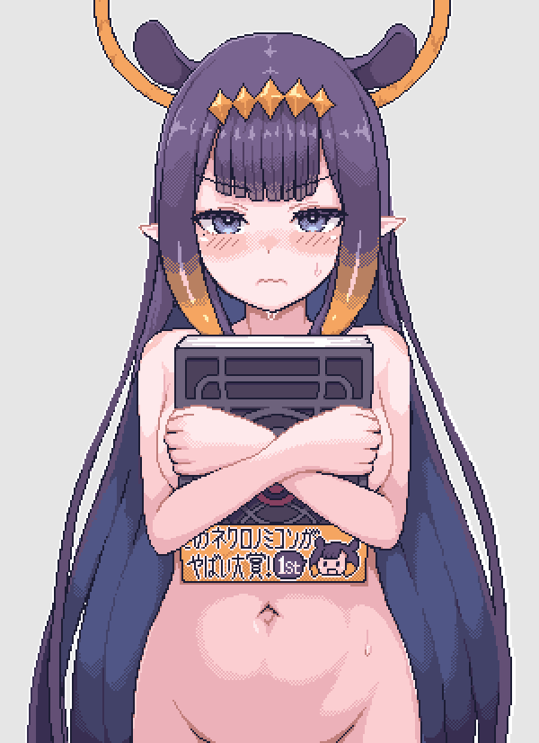 1girl bare_shoulders black_hair blue_eyes blush book completely_nude halo holding holding_book hololive hololive_english long_hair looking_at_viewer navel ninomae_ina'nis nude pixel_art pointy_ears simple_background solo sweat tentacle_hair very_long_hair virtual_youtuber wavy_mouth zou_eita