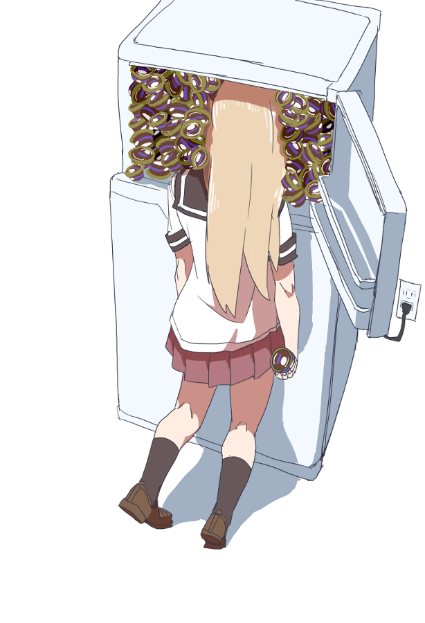 241543903 black_legwear blonde_hair commentary_request electric_socket from_behind full_body holding kneehighs kneepits long_hair nanamori_school_uniform nanashi_(g21oooo) pleated_skirt plug refrigerator rum_raisin school_uniform serafuku shirt shoes short_sleeves simple_background skirt solo standing tiptoes toshinou_kyouko white_background yuru_yuri