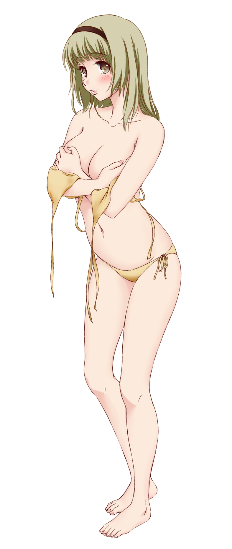 bikini bikini_top_removed blonde_hair blush breast_hold breasts covering covering_breasts full_body hairband highres himadarou large_breasts long_hair navel original simple_background solo swimsuit white_background yellow_bikini yellow_eyes