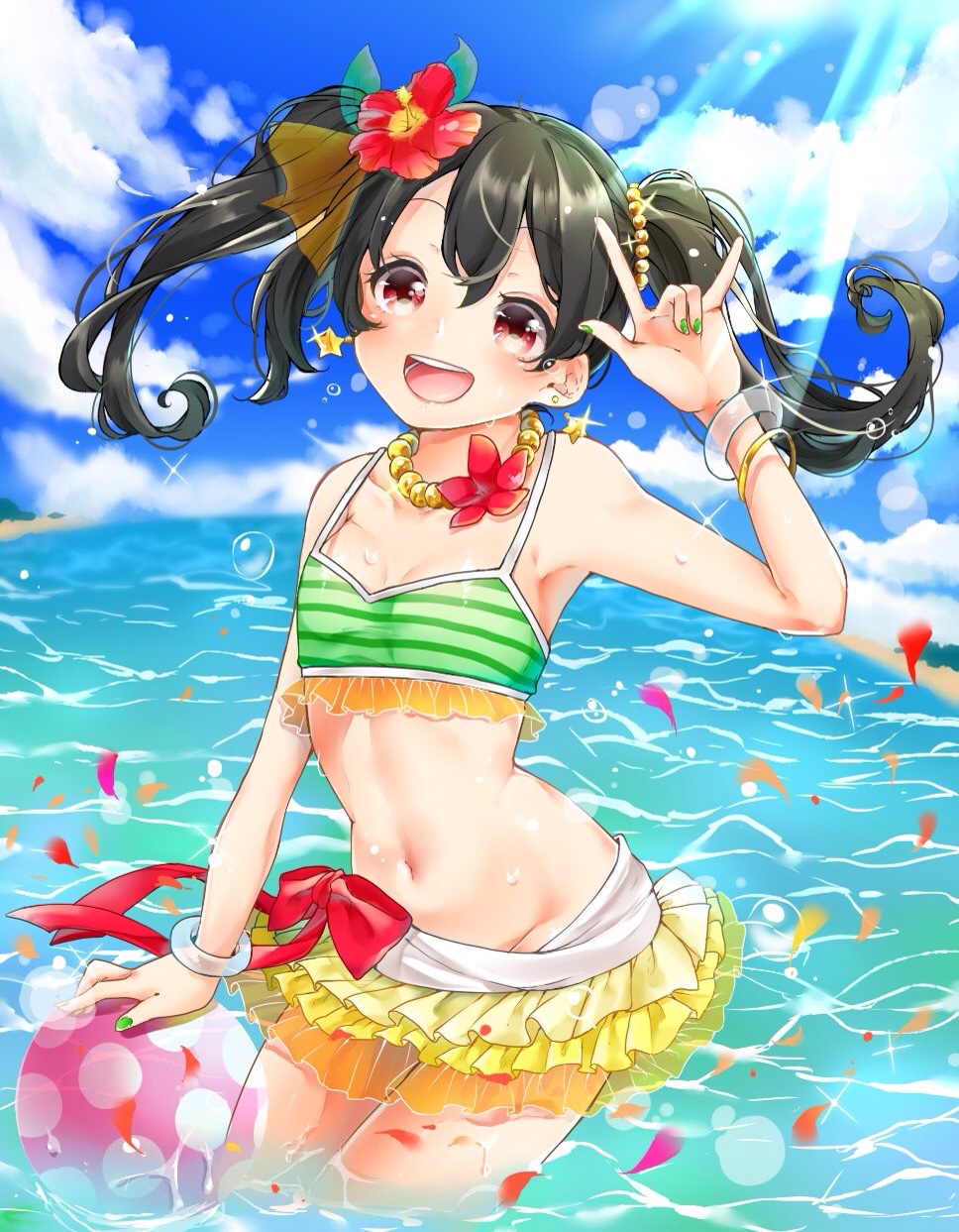 1girl bikini_skirt black_hair blue_sky bow bracelet breasts cleavage cloud collarbone cowboy_shot day floating_hair flower green_nails groin hair_flower hair_ornament hibiscus highres jewelry layered_skirt long_hair love_live! love_live!_school_idol_project nail_polish natsuiro_egao_de_1_2_jump! navel necklace ocean outdoors petals red_bow red_flower shuga_(0329tixi) skirt sky small_breasts solo sparkle standing striped_bikini_bottom sunlight twintails wading yazawa_nico yellow_skirt