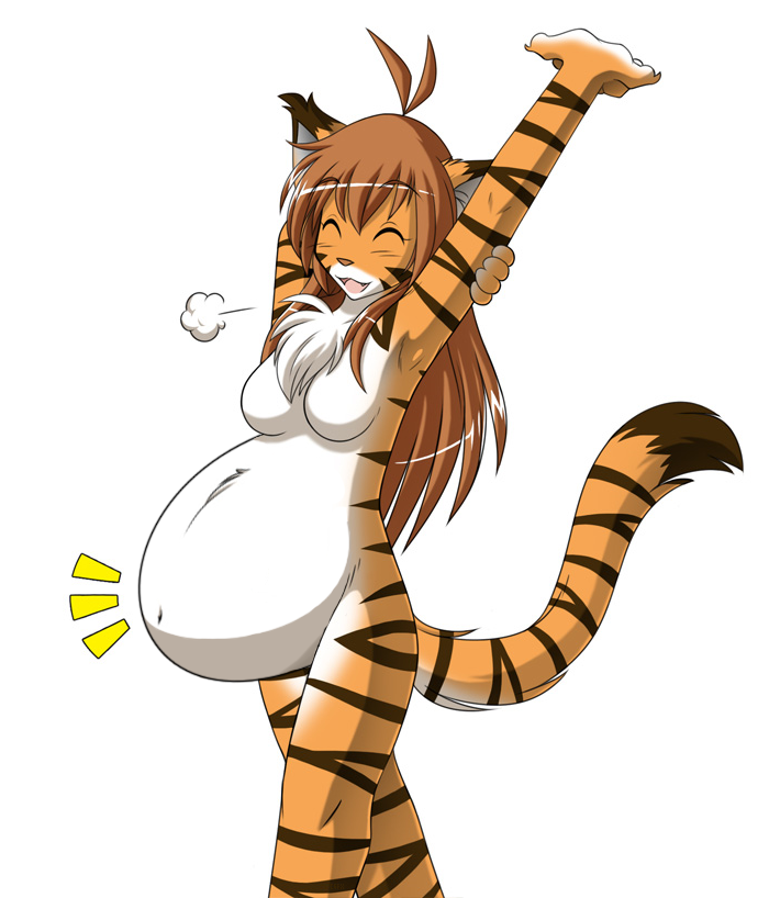 breasts brown_hair chest_tuft feline female flora_(twokinds) fur hair keidran long_hair mammal mother nude open_mouth parent plain_background pregnant solo stretching tiger tom_fischbach tuft twokinds white_background