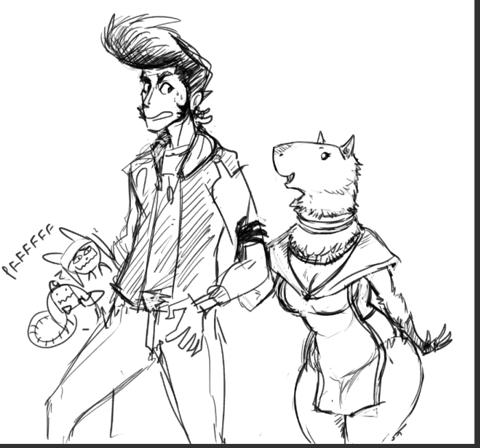 alien anthro betelgeusian capybara capybarian dandy_(space_dandy) female human machine male mammal mechanical meow_(space_dandy) qt_(space_dandy) rodent size_difference sketch space_dandy wide_hips