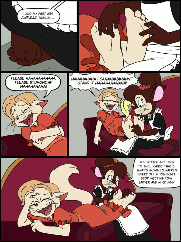 anthro becky_thatcher canine cat chaoskomori dialog feline fox hindpaw laughter mammal mouse paws phuram rodent soles tanya_mousekewitz text tickling toes tom_sawyer_(2000_film) torture