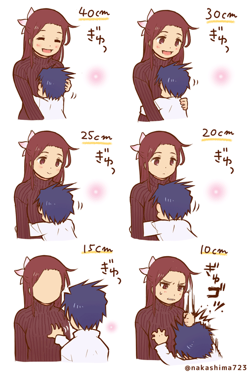 1girl blue_hair breast_grab breast_smother brown_hair commentary couple faceless flower grabbing hair_flower hair_ornament height_difference hetero hug irritated japanese_clothes kimono long_hair mole nakashima_(middle_earth) open_mouth original punching ribbed_sweater short_hair sweatdrop sweater turtleneck twitter_username what_you_can_do_with_height_differences