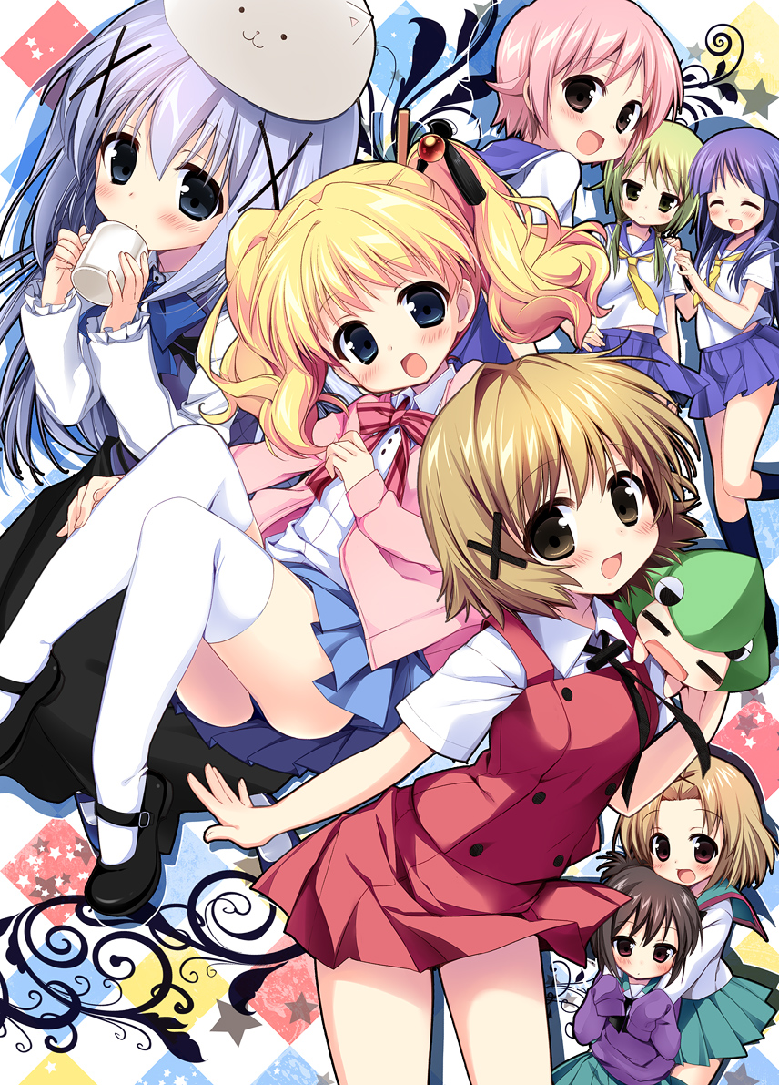 :d a_channel alice_cartelet black_hair black_legwear blonde_hair blue_eyes blue_hair blush brown_eyes brown_hair closed_eyes company_connection crossover cup gochuumon_wa_usagi_desu_ka? hair_ornament hairclip hidamari_sketch hinata_yukari hug ichii_tooru ichii_yui kafuu_chino kin-iro_mosaic long_hair looking_at_viewer manga_time_kirara mary_janes momoki_run mug multiple_girls nagayama_yuunon nonohara_yuzuko open_mouth pink_eyes pink_hair pleated_skirt purple_eyes purple_hair rabbit_house_uniform school_uniform school_uniform_(yuyushiki) serafuku shoes short_hair skirt sleeves_past_wrists smile sweater thighhighs tippy_(gochiusa) twintails ume-sensei white_legwear x_hair_ornament yellow_eyes yuno yuyushiki