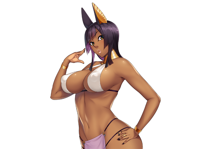 1girl animal_ears bangs bare_arms bare_shoulders black_hair breasts cleavage dark_skin erect_nipples game_cg hand_on_hip hand_up highres kasshoku_oriento_bijo_to_shujuu_seikou large_breasts looking_at_viewer lots_of_jewelry medium_hair nail_polish navel oohara_kyuutarou orange_eyes original puffy_areolae puffy_nipples revealing_clothes simple_background solo transparent_background upper_body