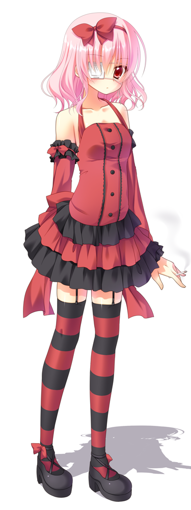 borrowed_character bow cigarette collarbone detached_sleeves eyepatch garter_straps hair_bow hair_ornament hairband holding looking_at_viewer nakada_rumi original pink_hair red_eyes shoes solo standing striped striped_legwear thighhighs