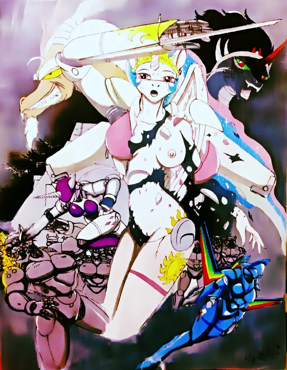 _crisis_ armor_ at bubblegum bubblegum_crisis bubblegum_crisis_2040 celestia_(my_little_pony) colored crossover hair_powered looking looking_at_viewer my_little_pony my_little_pony_freindship_is_magic_ my_little_pony_friendship_is_magic power_armor princess viwer_multi