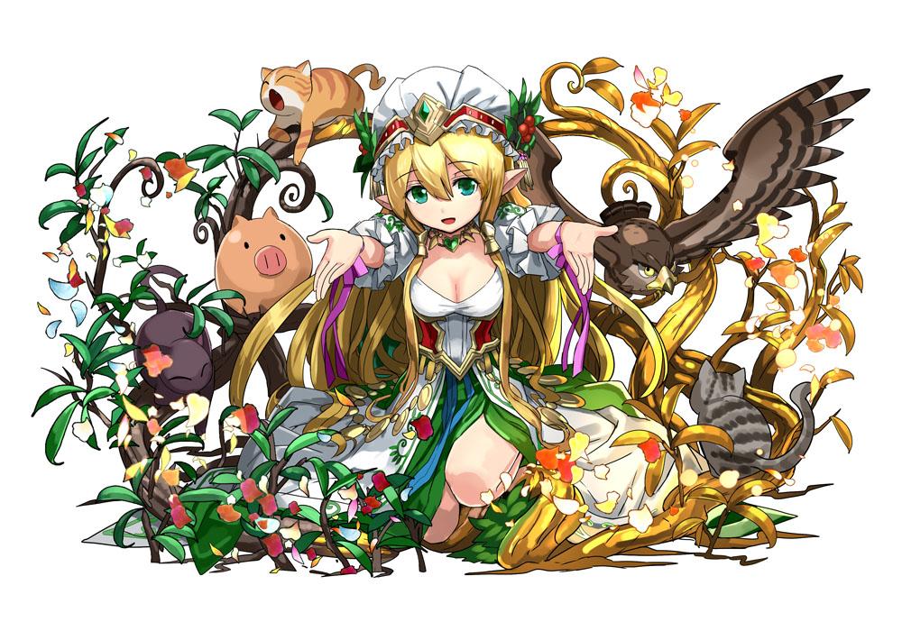 adachi_yousuke aqua_eyes bird blonde_hair breasts cat cleavage dress eagle freyja_(p&amp;d) hat long_hair medium_breasts official_art open_mouth pig pointy_ears puzzle_&amp;_dragons reaching smile solo