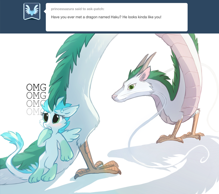 ask asphagnum blue_hair chinese_dragon claws dragon feathers female feral fur green_eyes green_hair hair haku(character) haku_(spirited_away) horn mammal my_little_pony patch(character) tumblr wings