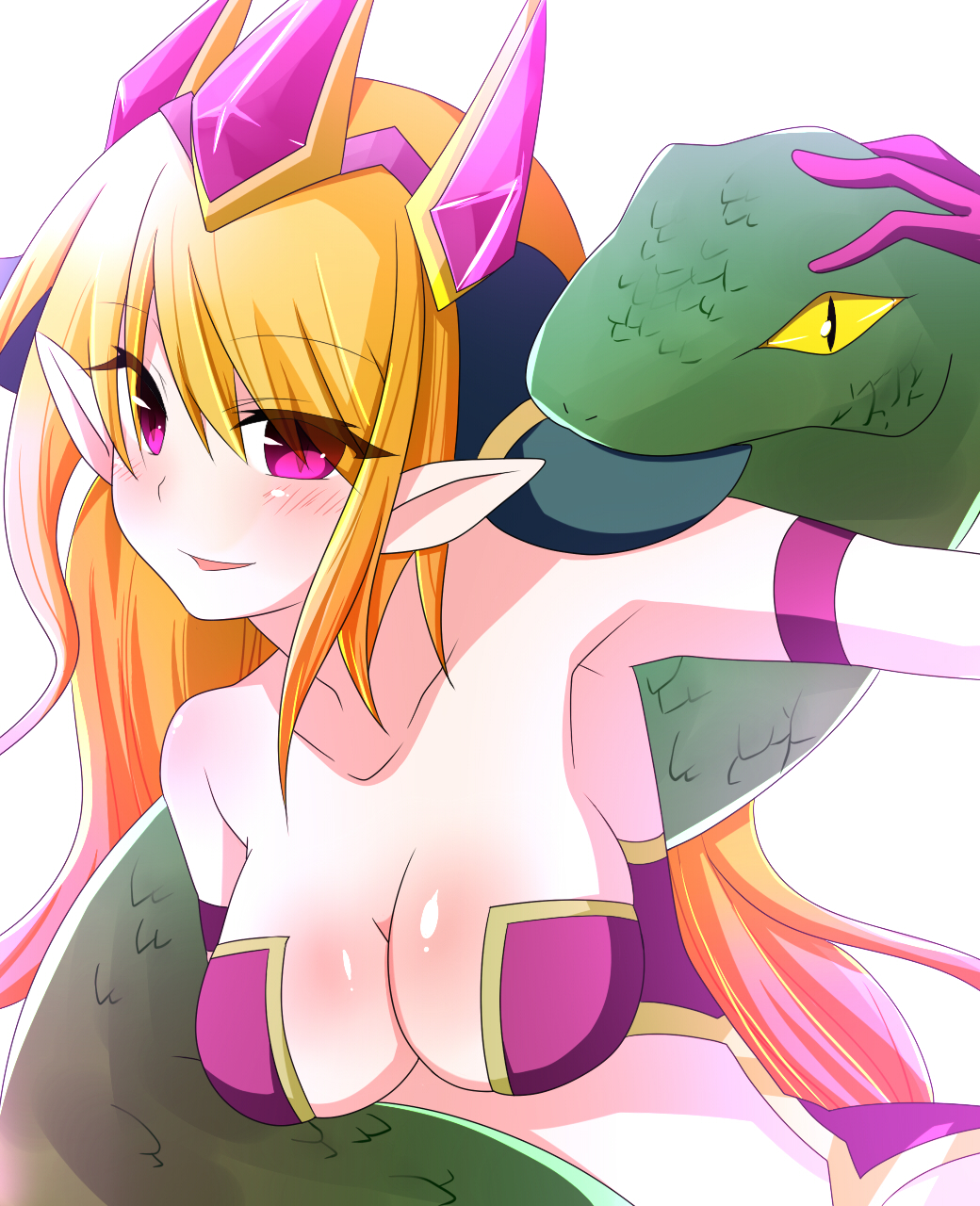 animal armlet armpits blonde_hair blush breasts cleavage collarbone demon_girl demon_horns highres horns large_breasts lilith_(p&amp;d) long_hair maccha_(matcha69) midriff open_mouth pink_eyes pointy_ears puzzle_&amp;_dragons scales simple_background smile snake solo tiara white_background