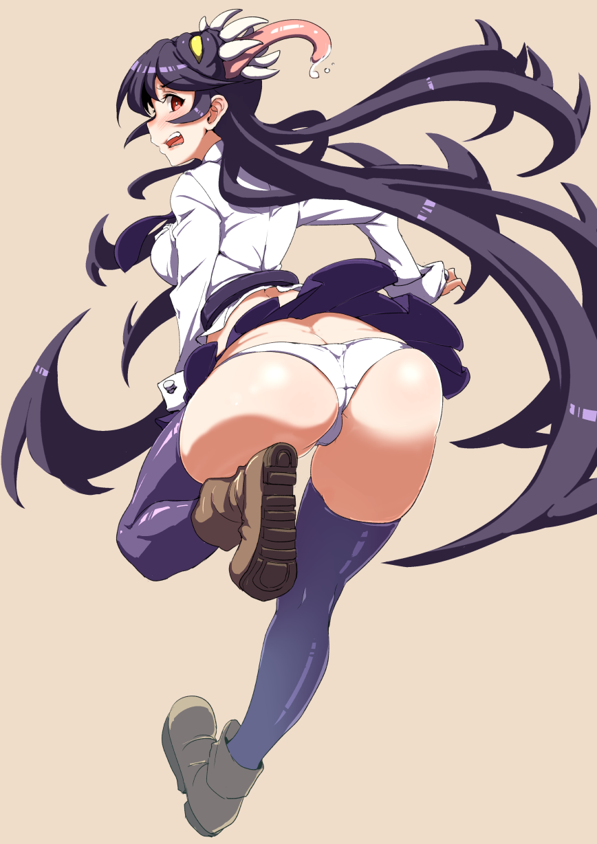 ass black_hair black_legwear blush breasts butt_crack clearite extra_mouth filia_(skullgirls) highres large_breasts long_hair looking_at_viewer looking_back necktie open_mouth panties prehensile_hair red_eyes running saliva samson_(skullgirls) school_uniform simple_background skirt skullgirls solo thighhighs tongue tongue_out underwear