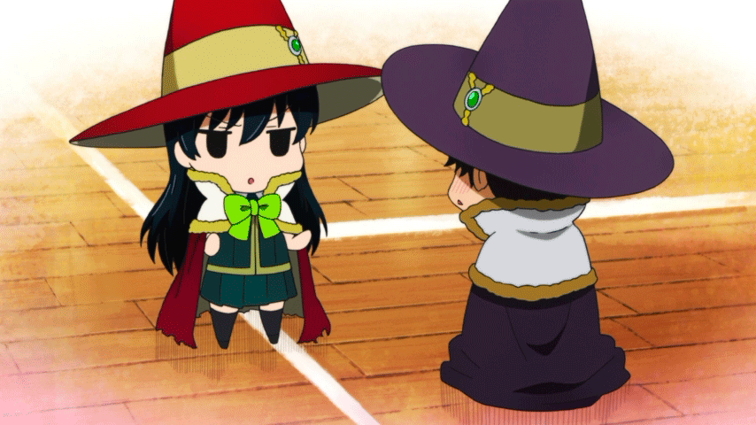1boy 1girl animated animated_gif chibi hat kagari_ayaka standing takamiya_honoka witch_craft_works witch_hat