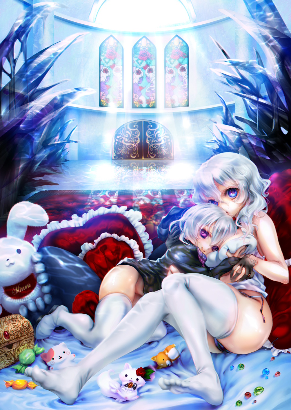blue_eyes breast_grab breast_pillow candy food frilled_pillow frills grabbing heart heart_pillow highres inuboe kantai_collection multiple_girls no_shoes panties pillow purple_eyes re-class_battleship scarf shinkaisei-kan short_hair side-tie_panties silver_hair smile stuffed_animal stuffed_bunny stuffed_cat stuffed_toy tail thighhighs treasure_chest underwater underwear untied untied_panties white_legwear wo-class_aircraft_carrier