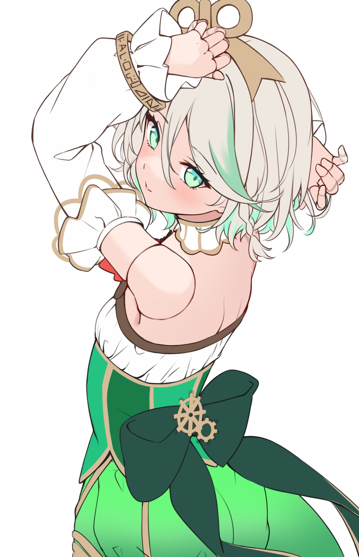 1girl arm_behind_head arms_up backless_outfit bare_shoulders cecilia_immergreen closed_mouth commentary detached_sleeves doll_joints english_commentary green_eyes green_hair green_skirt grey_hair hair_between_eyes highres hitsukuya hololive hololive_english joints long_sleeves looking_at_viewer looking_back multicolored_hair puffy_long_sleeves puffy_sleeves skirt sleeves_past_wrists smile solo streaked_hair white_sleeves winding_key