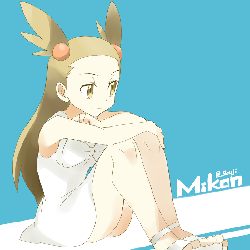 arm_rest artist_name bad_id bad_twitter_id blue_background bow brown_eyes brown_hair character_name dress gym_leader hair_bobbles hair_ornament long_hair mikan_(pokemon) pokemon pokemon_(game) pokemon_gsc sandals sitting smile solo souji two_side_up white_dress