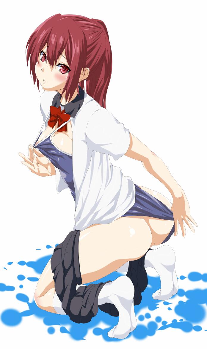 ass blush bow bowtie breasts cleavage cleavage_reach competition_school_swimsuit competition_swimsuit duplicate free! jpeg_artifacts kneeling long_hair matsuoka_gou medium_breasts nipples odaodaoaoda one-piece_swimsuit open_clothes ponytail red_eyes red_hair school_uniform skirt skirt_around_one_leg socks solo swimsuit swimsuit_pull swimsuit_under_clothes undressing