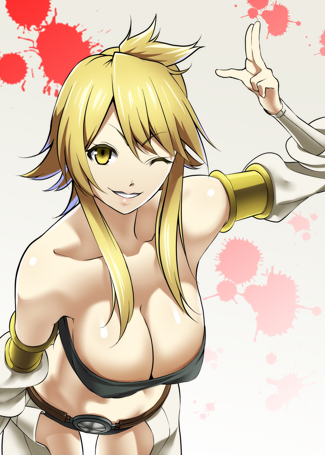 akame_ga_kill! bare_shoulders blonde_hair breasts cleavage detached_sleeves grin highres large_breasts leone mattari_yufi navel one_eye_closed sidelocks smile solo yellow_eyes