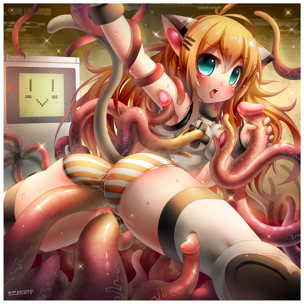 abstract_background animal_ears blonde_hair blue_eyes blush boots breast_grab breasts butt cat_ears clothed clothing dick_tentacles emperpep female forced gameboy gloves grope hair human legwear long_hair looking_at_viewer looking_back mammal open_mouth panties penetration pussy rape shirt skimpy spread_legs spreading stockings striped_panties sweat tentacles thigh_high_boots thighs tongue tongue_out underwear vaginal vaginal_penetration