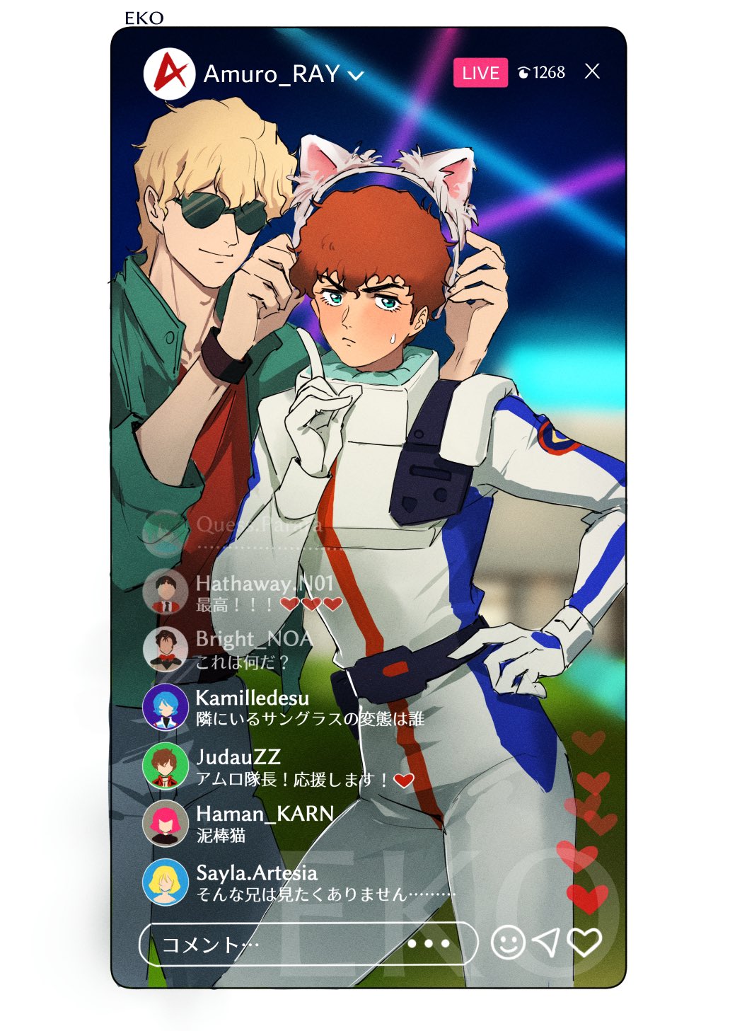 2boys amuro_ray animal_ears blonde_hair blue_eyes bright_noa brown_hair cat_ears char's_counterattack char_aznable ekomozzarella embarrassed green_jacket gundam haman_karn hand_on_own_hip hathaway_noa highres jacket judau_ashta kamille_bidan multiple_boys red_shirt sayla_mass shirt smile tiktok_live