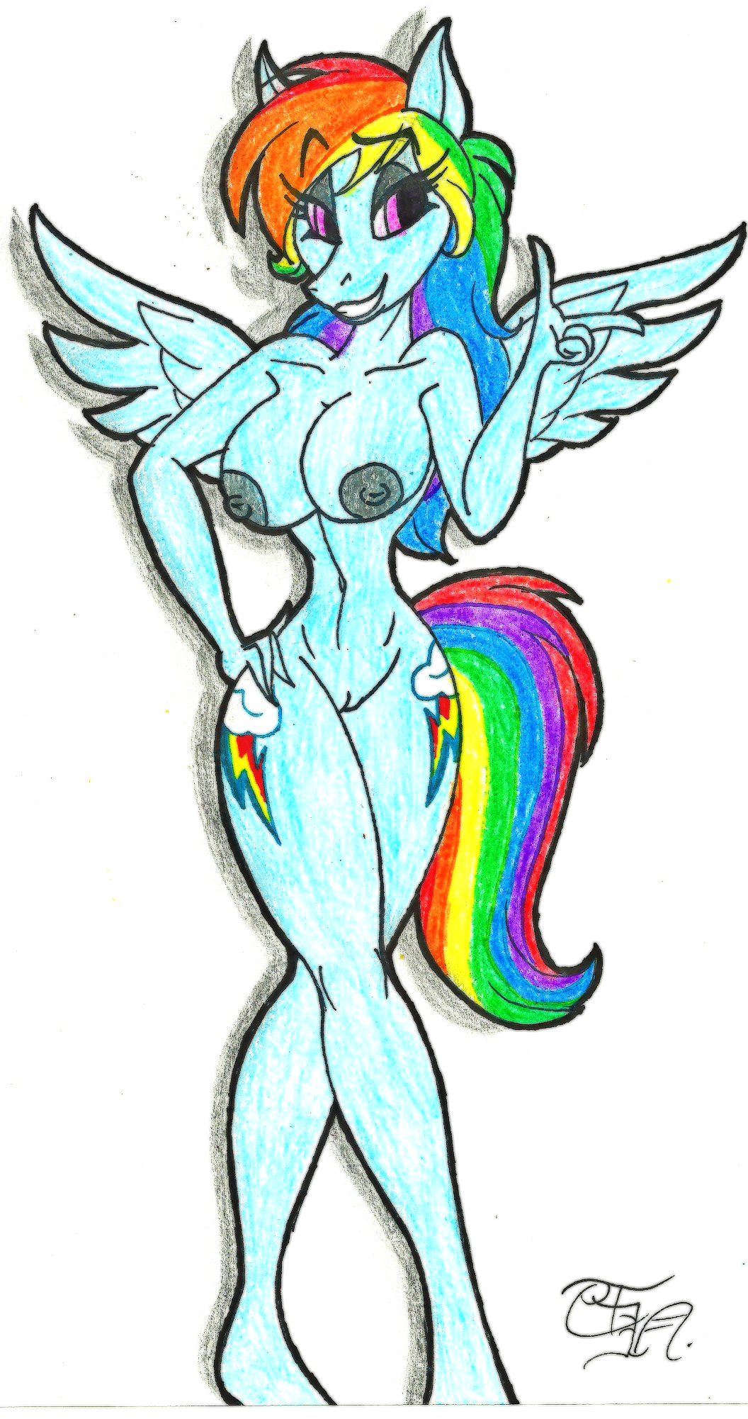 anthrofied areola breasts cutie_mark equine female friendship_is_magic horse invalid_tag mammal my_little_pony nipples pointing pussy rainbow_dash_(mlp) smile solo toddrogue69 wings