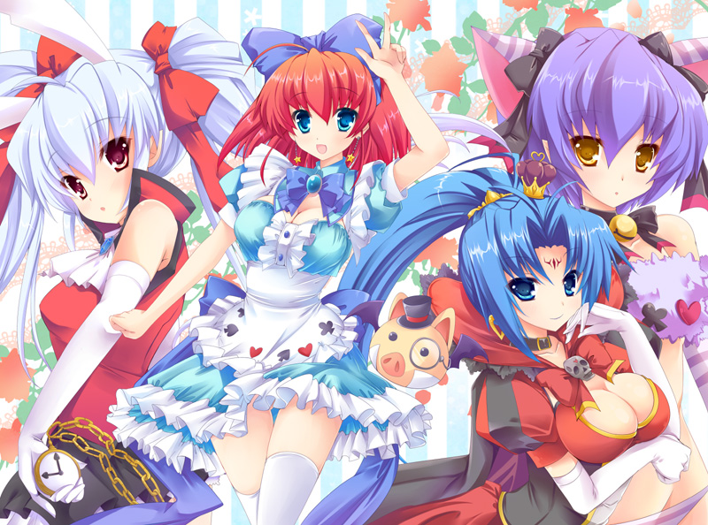 :d alice_wishheart animal_ears ascot ass_visible_through_thighs bad_id bad_pixiv_id bell blue_eyes blue_hair bow breasts cat_ears cleavage club_(shape) earrings frost_auslese hair_bow hair_ornament hair_ribbon heart hinata_momo jewelry large_breasts long_hair looking_at_viewer magical_halloween medium_breasts multiple_girls noir_auslese open_mouth pocket_watch ponytail purple_hair red_eyes red_hair ribbon rosemary_bergamot silver_hair smile spade_(shape) star star_earrings thigh_gap thighhighs twintails v watch white_legwear yellow_eyes zettai_ryouiki