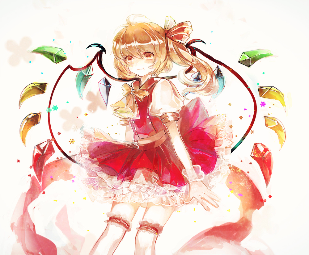bad_id bad_pixiv_id blonde_hair flandre_scarlet hair_bobbles hair_ornament no_hat no_headwear over-kneehighs puffy_short_sleeves puffy_sleeves red_eyes sash shirt short_sleeves side_ponytail skirt skirt_set solo thighhighs touhou vest vima wings wrist_cuffs zettai_ryouiki